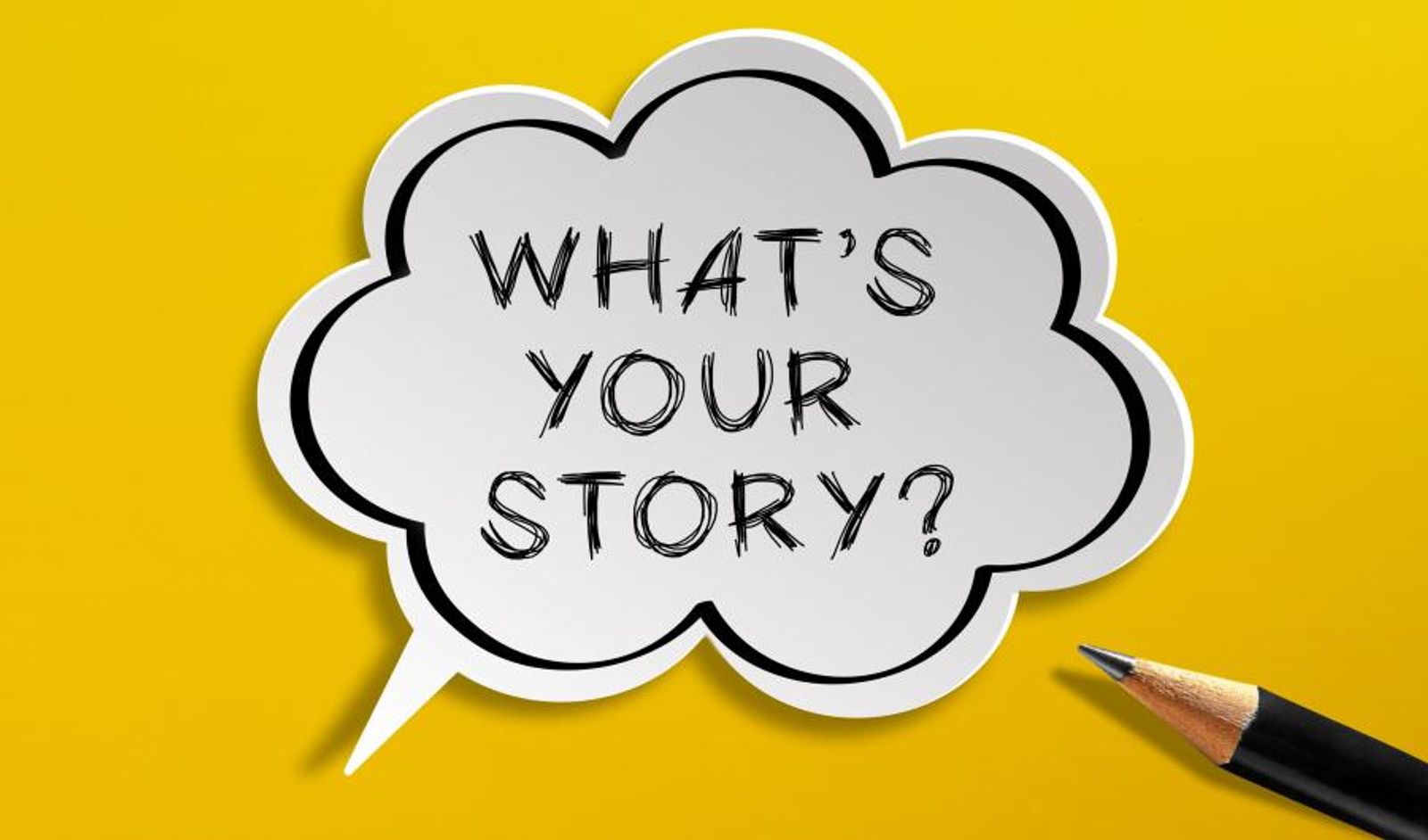Snakkeboble med teksten "What's your story"