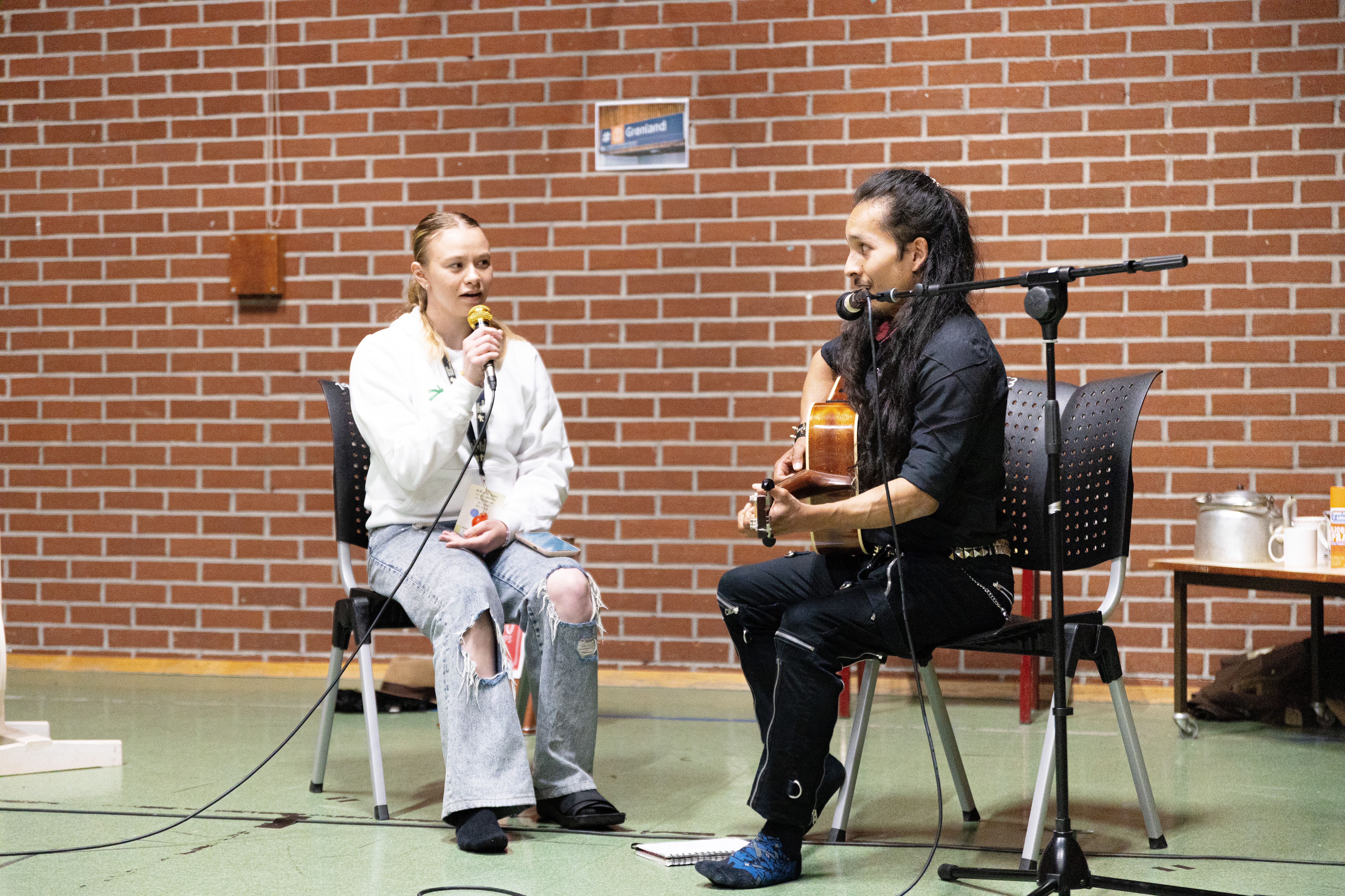 En person med mikrofon og en person med gitar