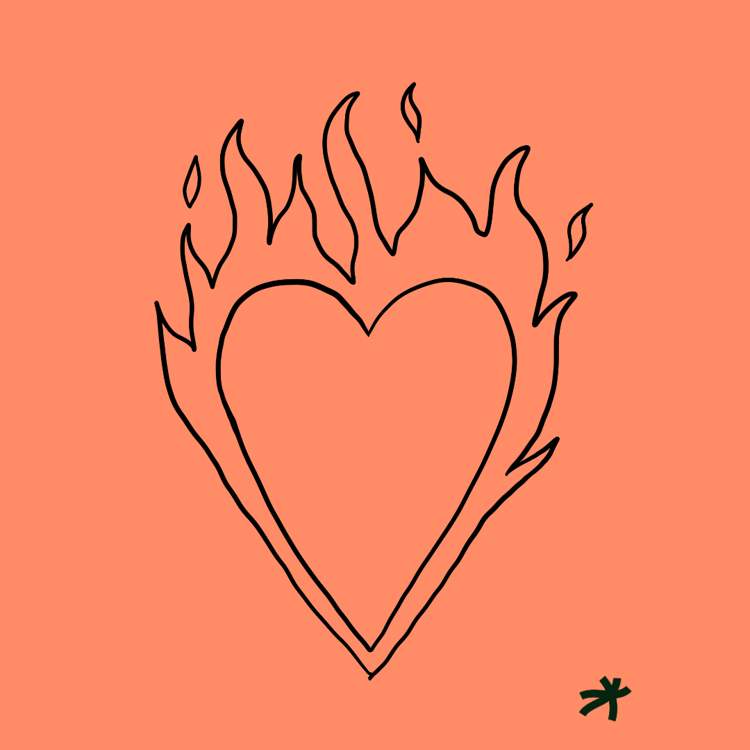 Et tegnet, brennende hjerte med oransje bakgrunn