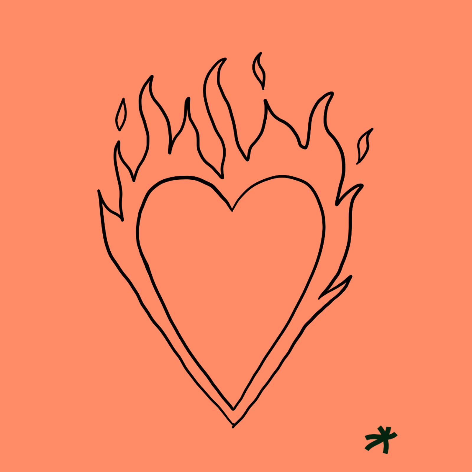 Et tegnet, brennende hjerte med oransje bakgrunn