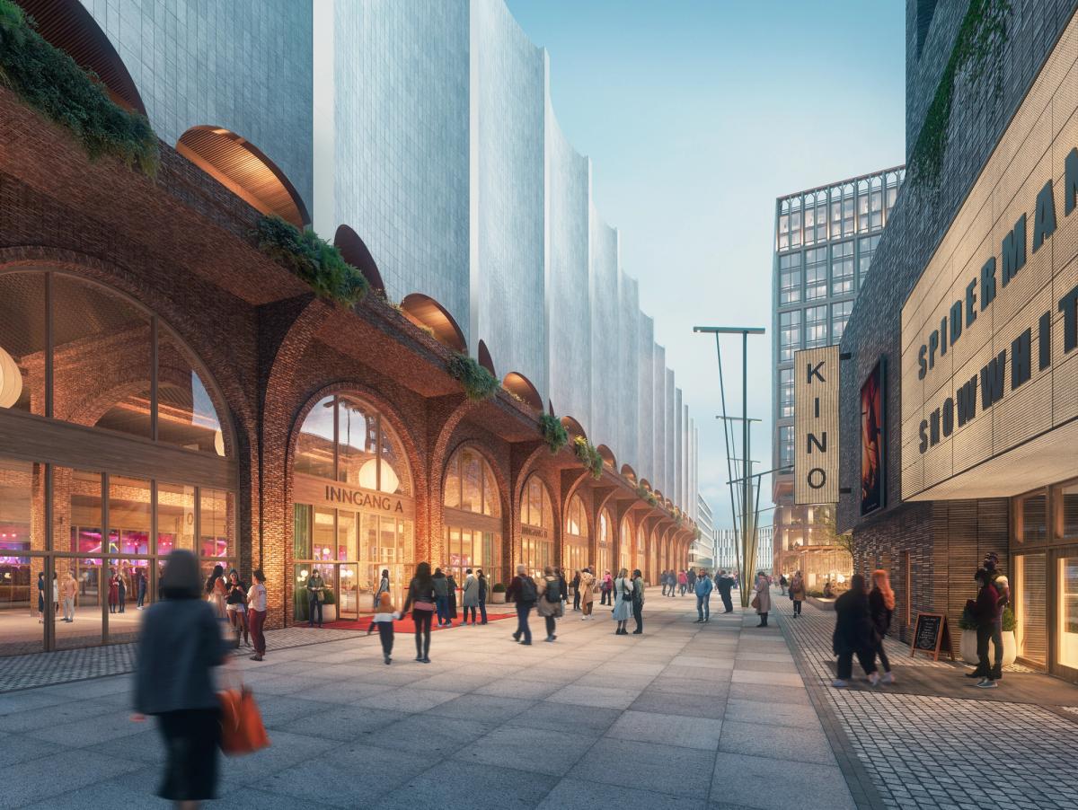 Illustrasjon av nye Unity Arena og ny bydel på Fornebu