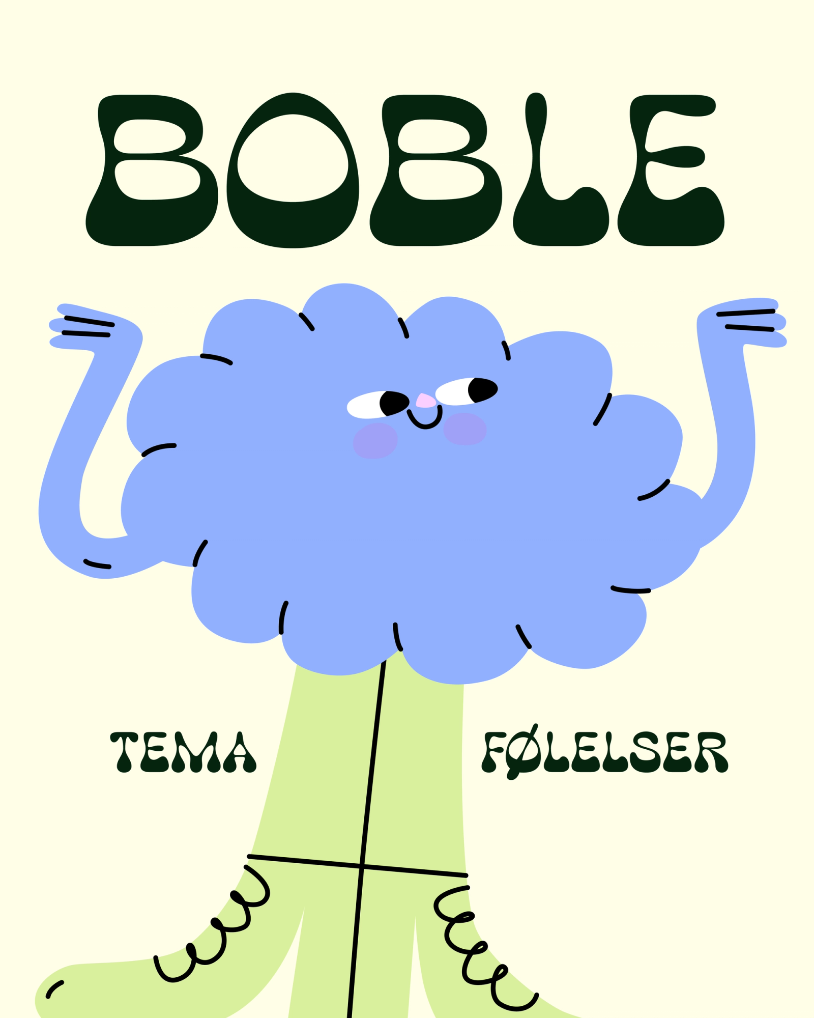 Illustrasjon av en boble-figur med tekst "tema: følelser".
