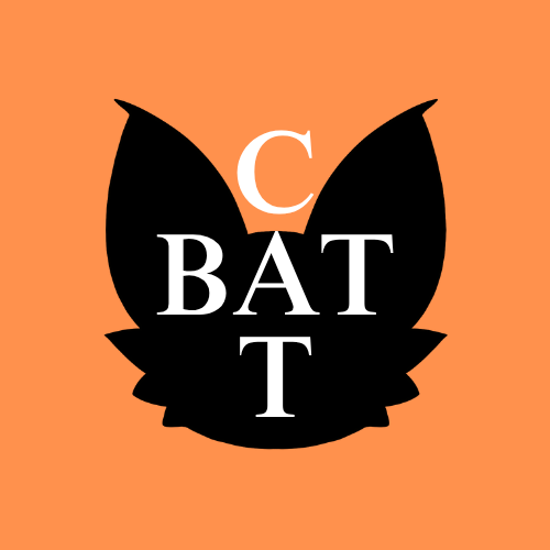 Oransje BATCAT-logo med flaggermus-silhuett.