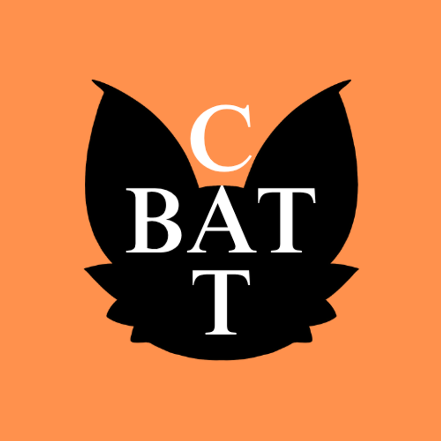 Oransje BATCAT-logo med flaggermus-silhuett.