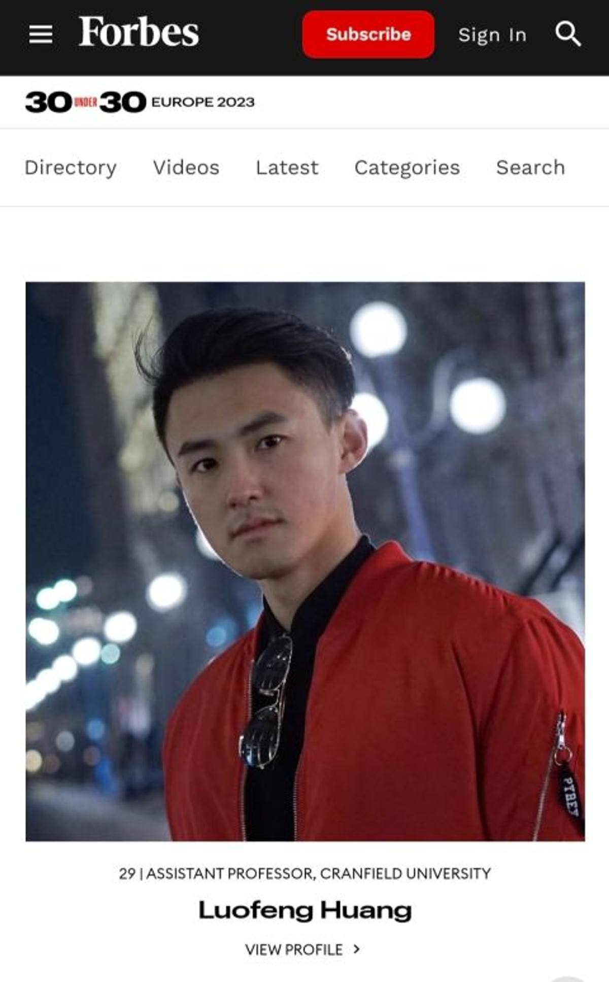 Dr Luofeng Huang named "30 under 30" by Forbes