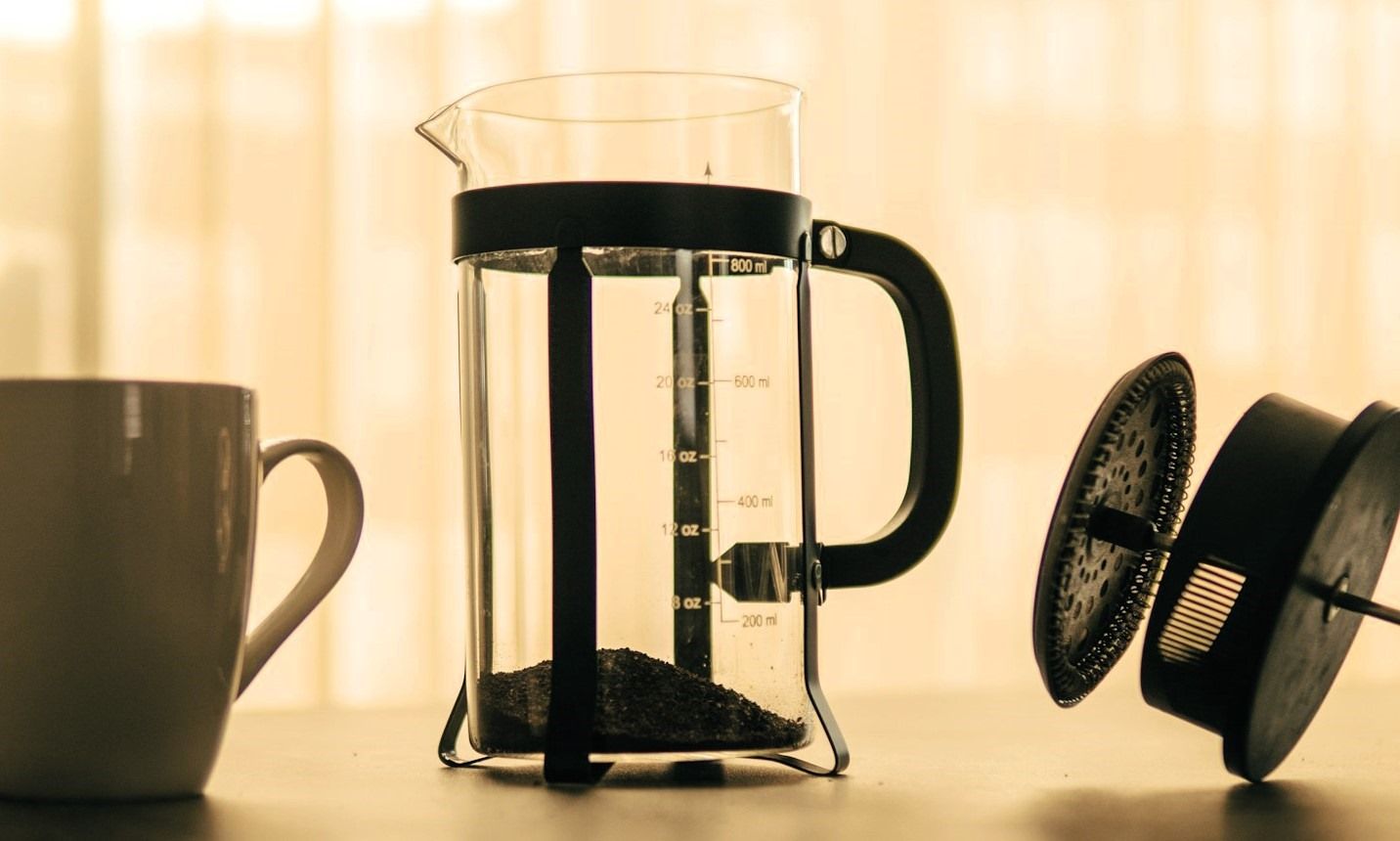A Carafe and a Plunger with Filter (Disassembled French Press)