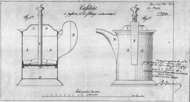 Patent drawing of Mayer & Delforge's French Press