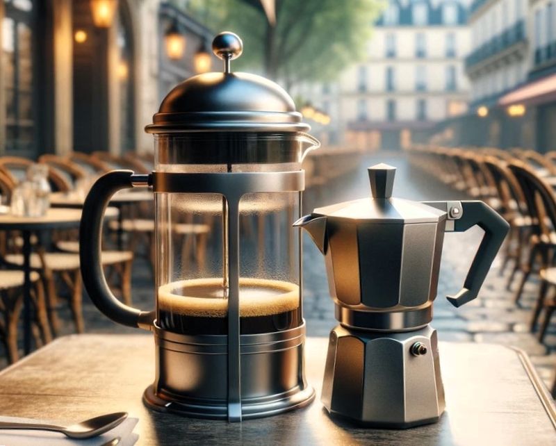 French press coffee brewer and a Moka Pot coffee brewer