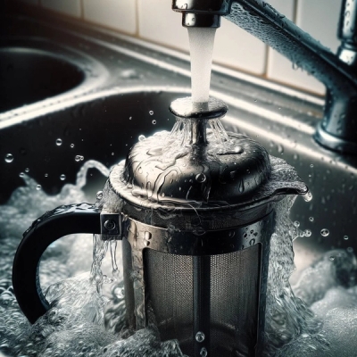 Washing French Press under running water in a kitchen sink