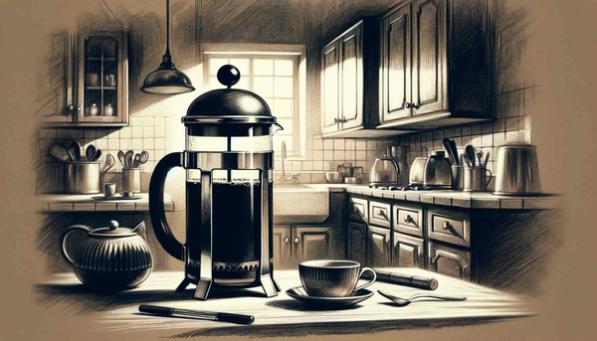 French Press Coffee brewer in a kitchen (Illustration)