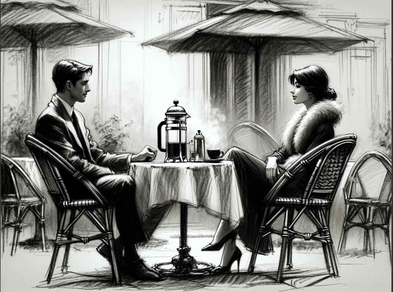 Illustration of a Couple Enjoying French Press Coffee in 1920's Paris