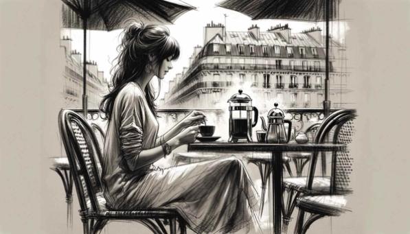 Woman Enjoying French Press Coffee on the Terrace of a Paris Cafe