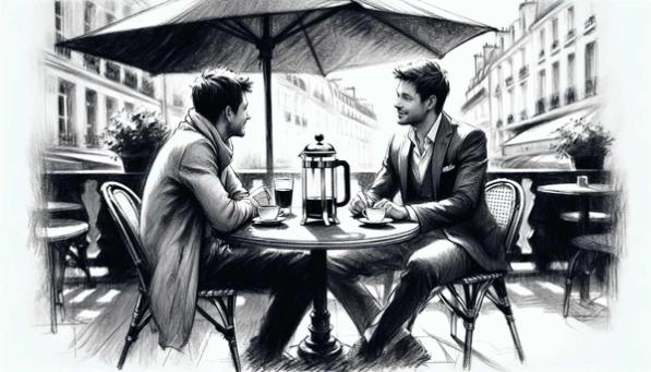 Friends enjoying French press coffee (Illustration)