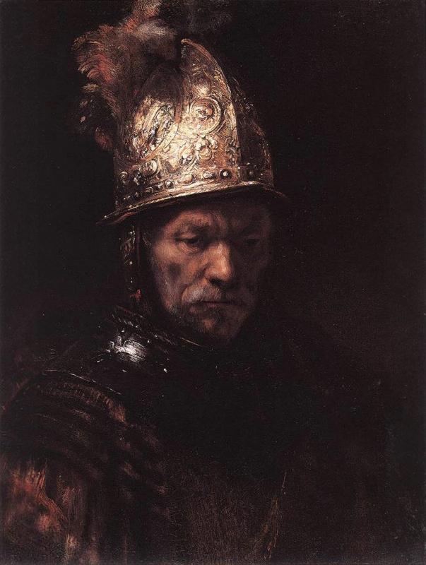 a painting of a man wearing a helmet with feathers