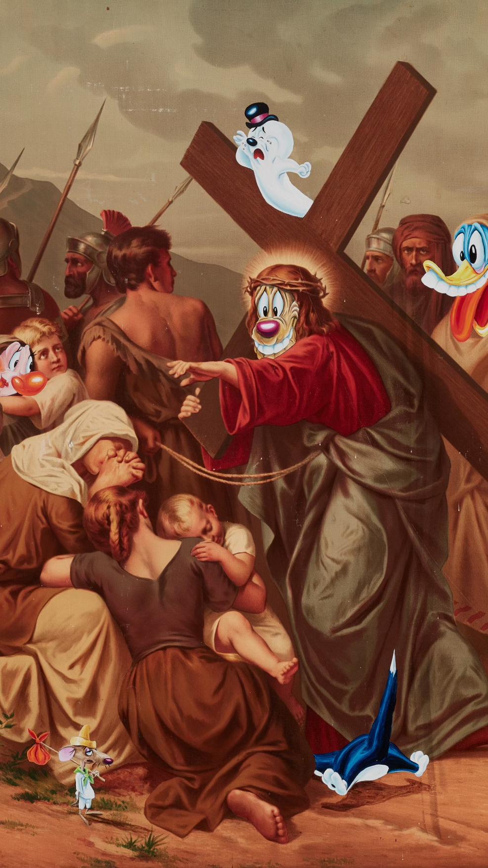 A painting of Jesus bearing the cross in front of onlookers with faces overlaid with cartoon characters