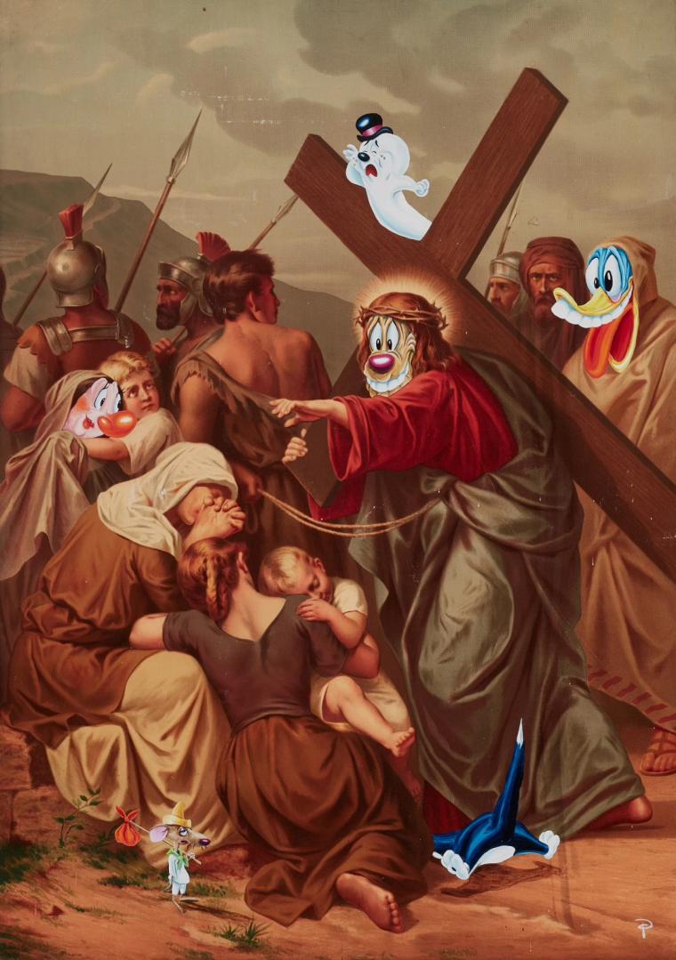 A painting of Jesus bearing the cross in front of onlookers with faces overlaid with cartoon characters