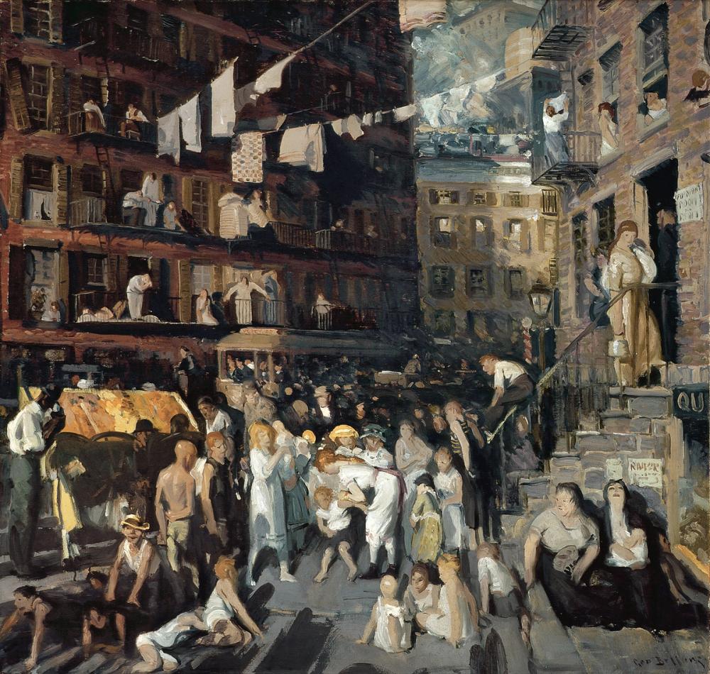 a painting of a crowd of people standing on a city street .