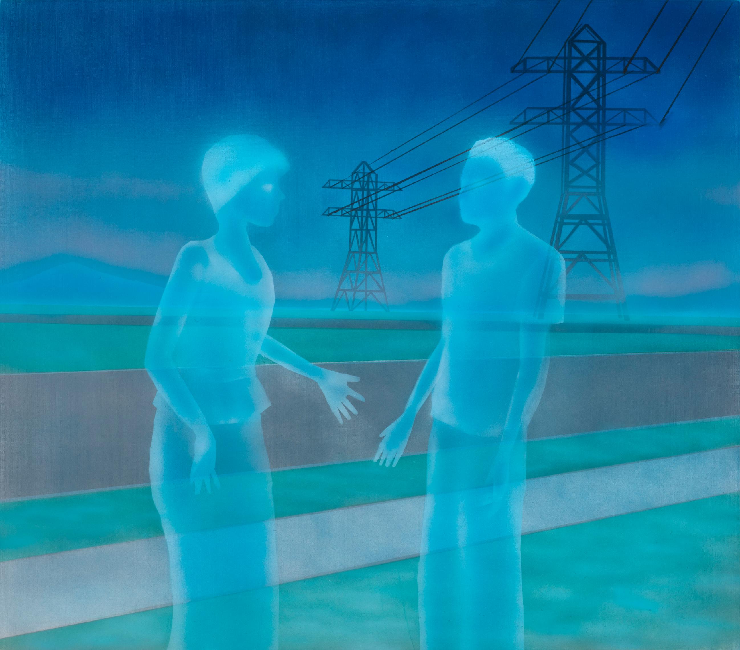 a painting of two men shaking hands in front of power lines .