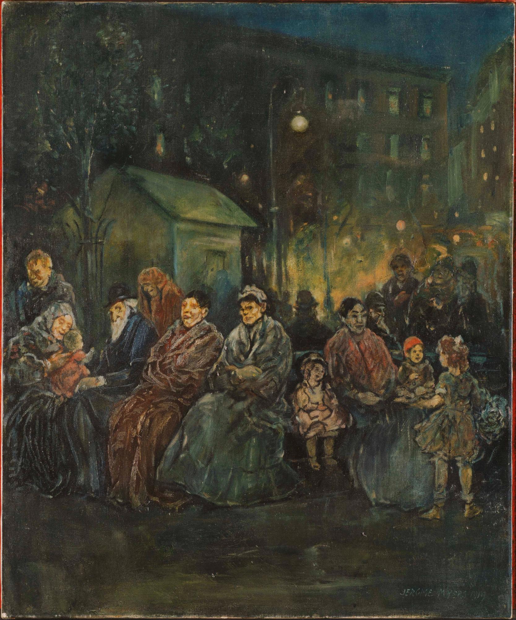 a painting of a group of people sitting on a bench