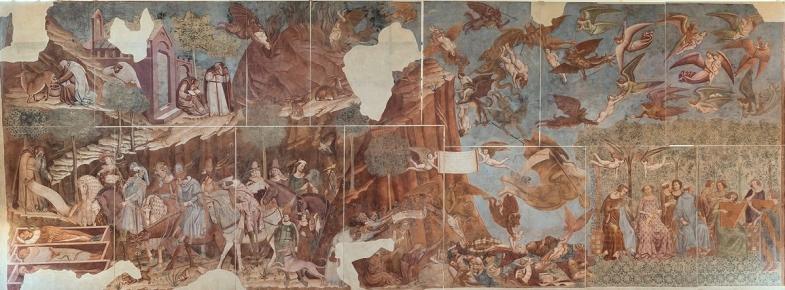 a large painting of a group of people standing next to each other on a wall .