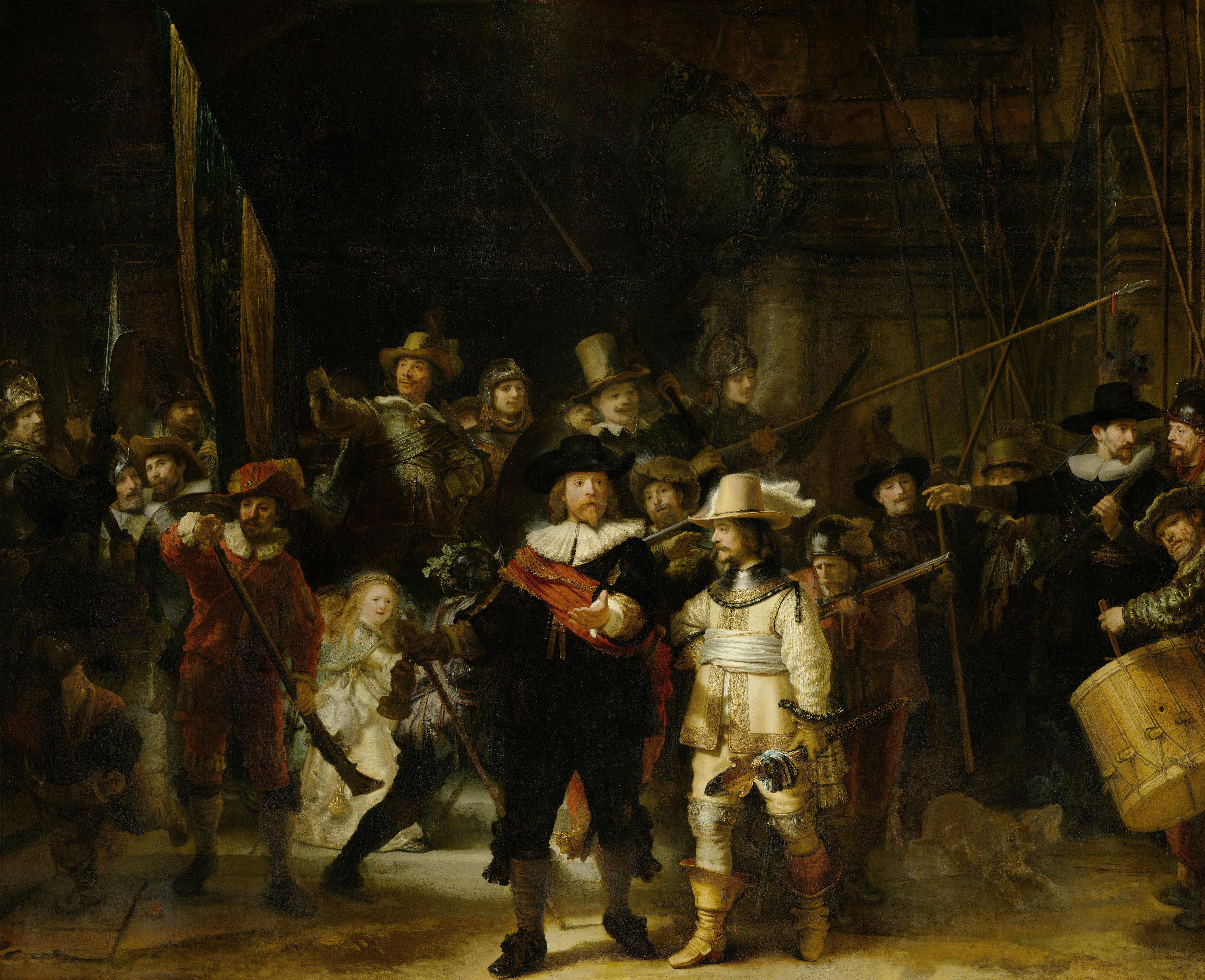 a painting of a group of men standing next to each other in a dark room .