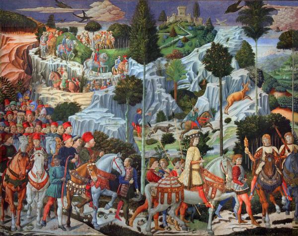 a painting of a group of people riding horses in a landscape .