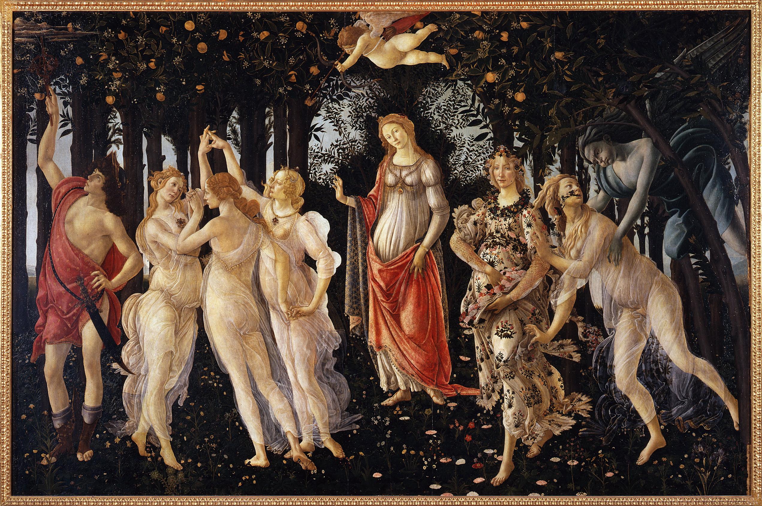 a painting of a group of women standing next to each other in a forest .