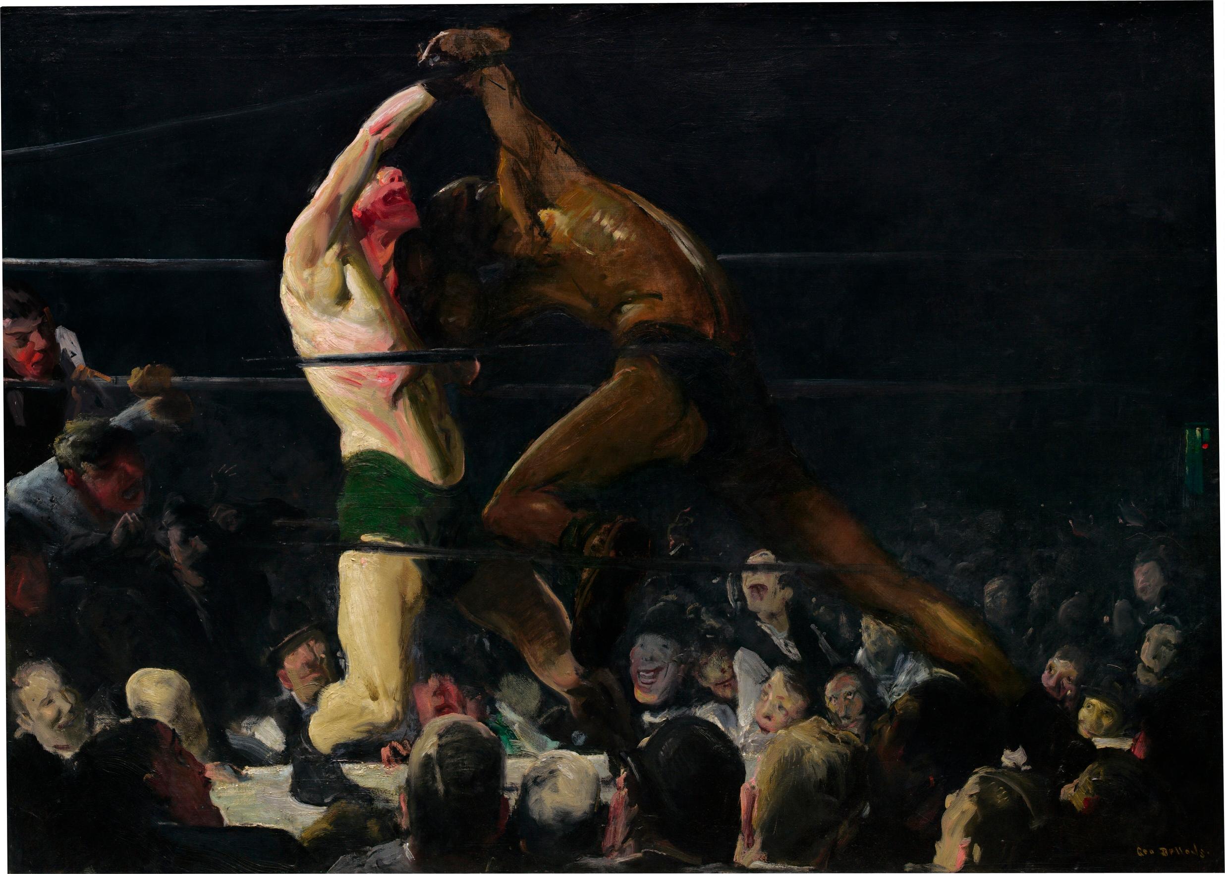 it is a painting of two men fighting in a boxing ring .