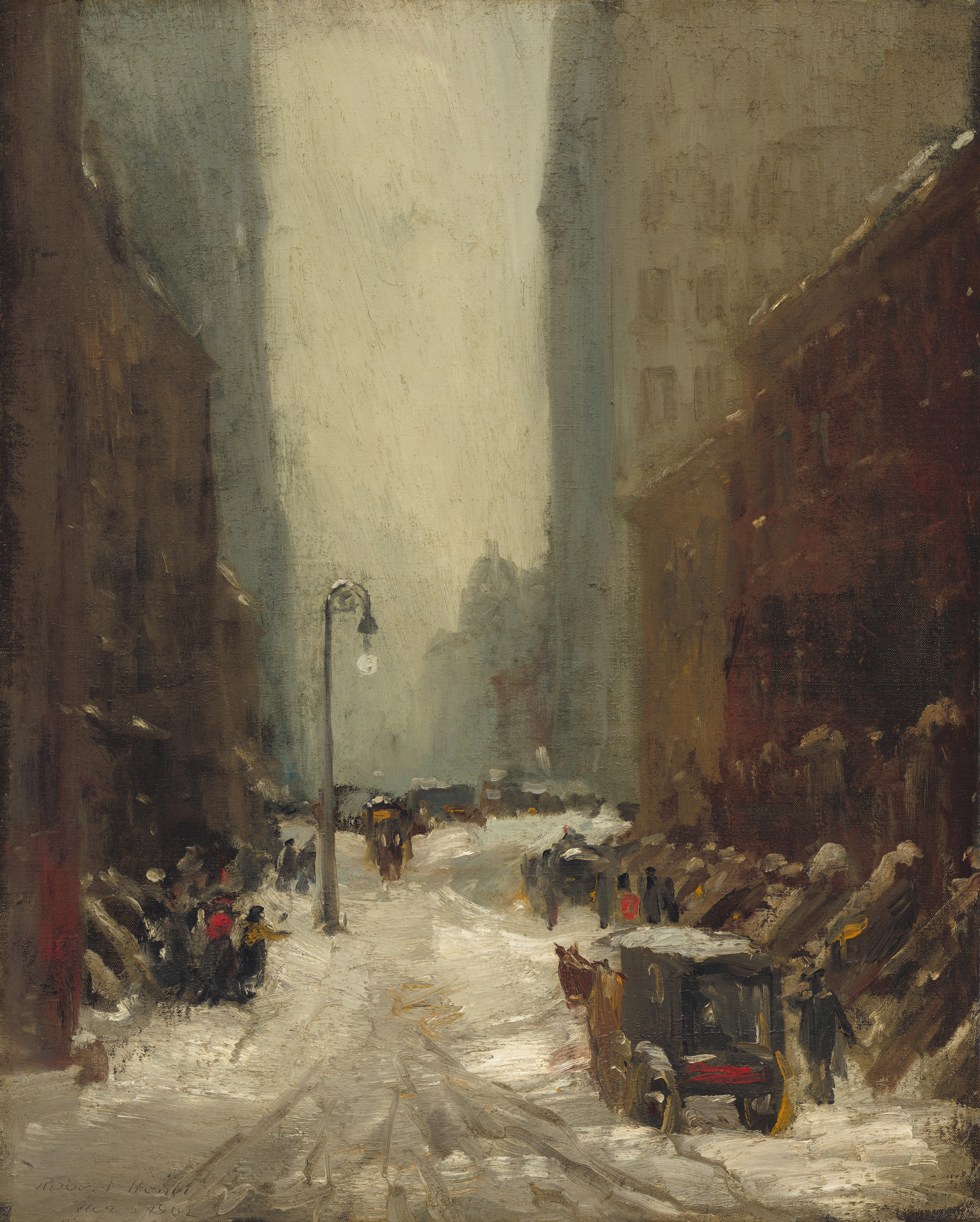 a painting of a snowy city street with horse drawn carriages
