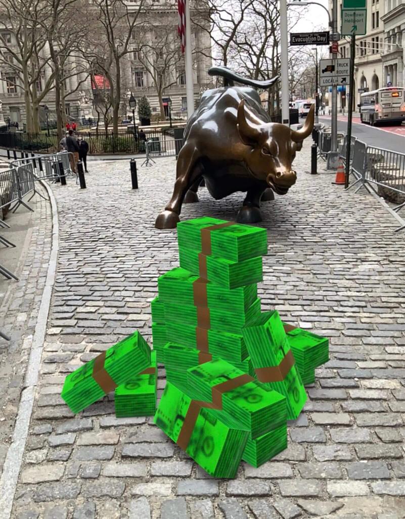 a statue of a bull with stacks of money in front of it