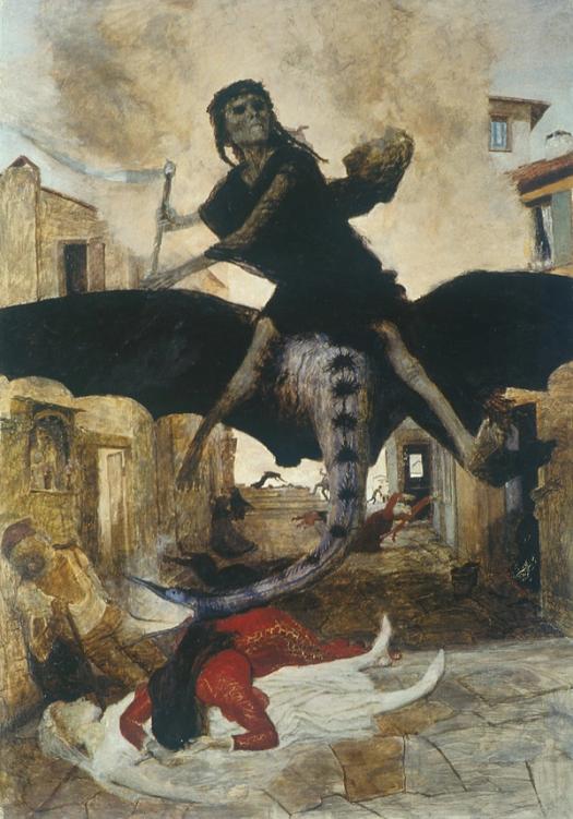 a painting of a man riding on the back of a dragon