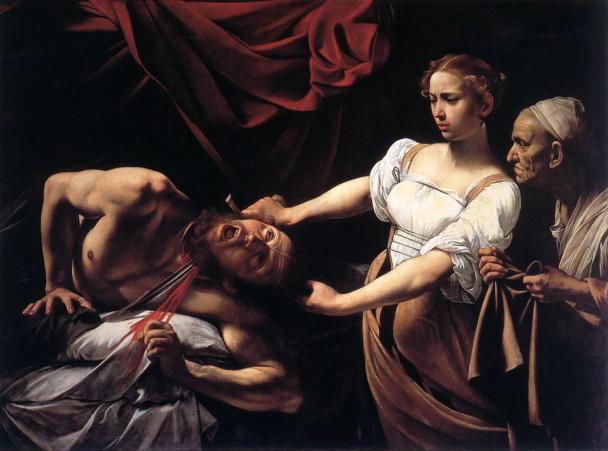 it is a painting of a woman holding a man 's head .