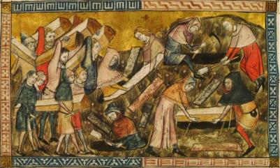 a medieval painting of a group of people carrying coffins .