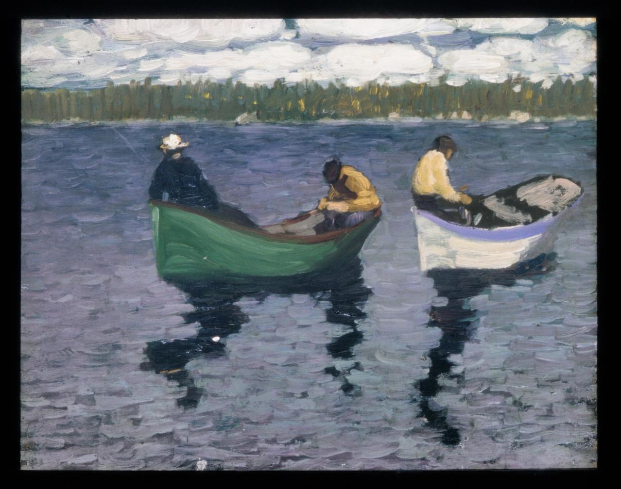 a painting of two men in boats on a lake .