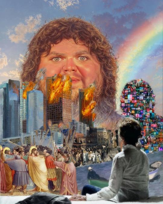 a painting of a man with curly hair and a beard
