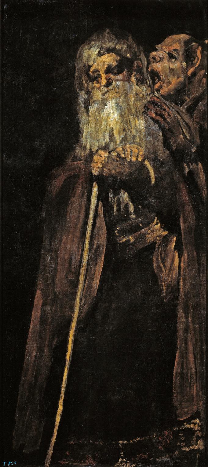 a painting of a man with a beard and a cane has the letters t on the bottom