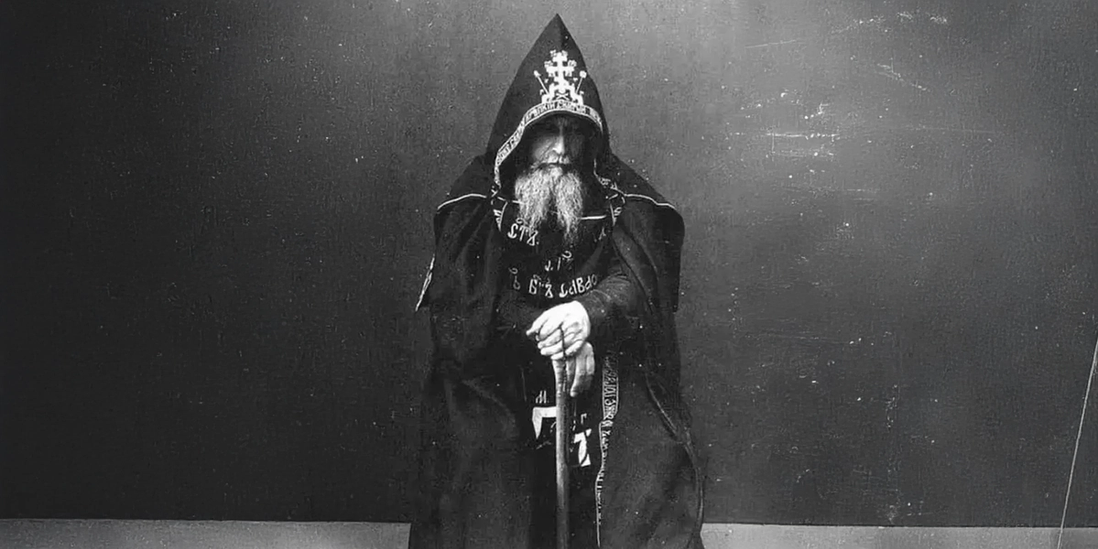 a black and white photo of a man with a beard wearing a hooded cape