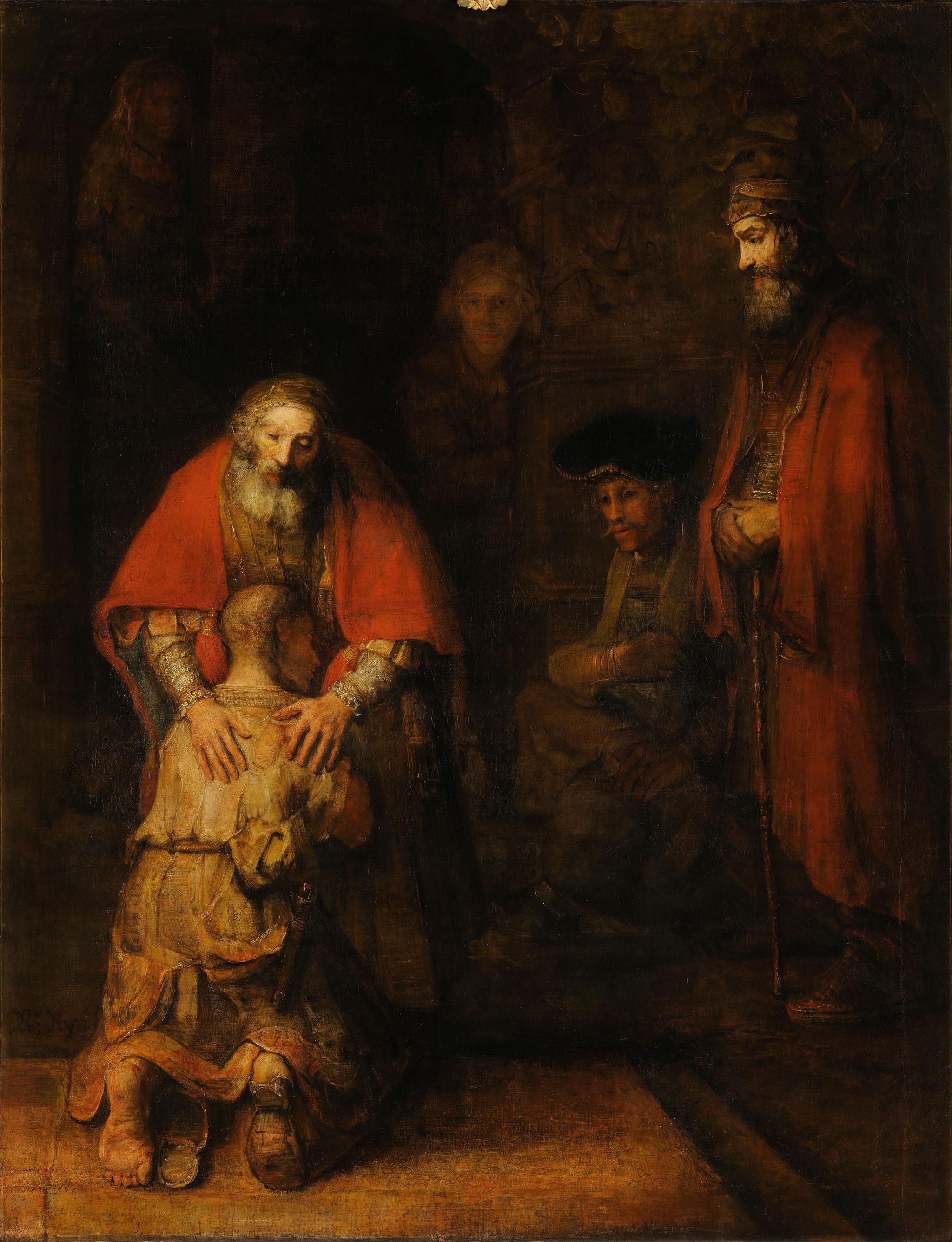 a painting of a man kneeling down next to a man in a red robe .
