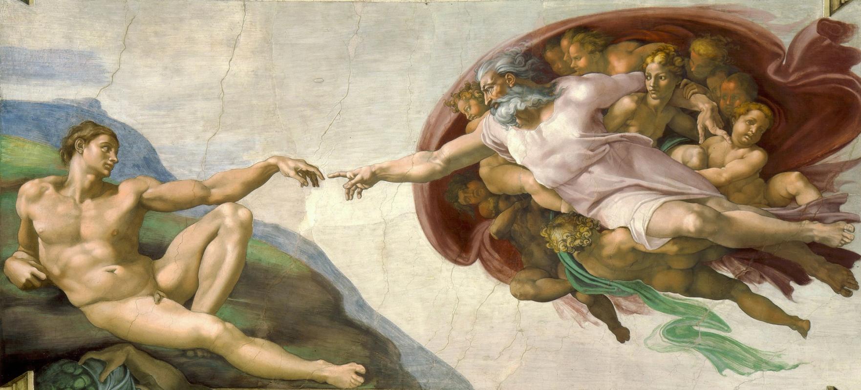 it is a painting of the creation of adam by michelangelo .