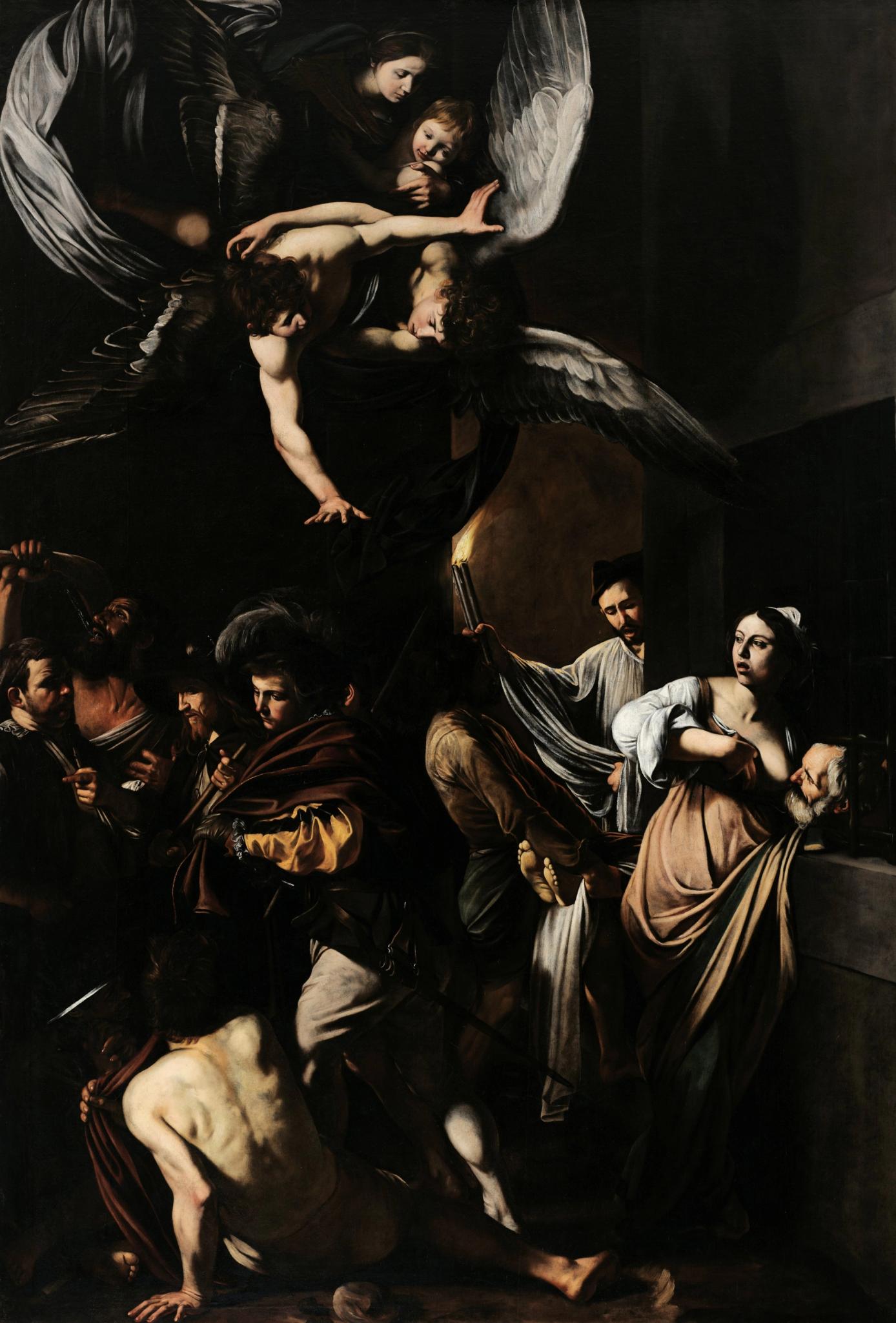 a painting of a group of people including an angel