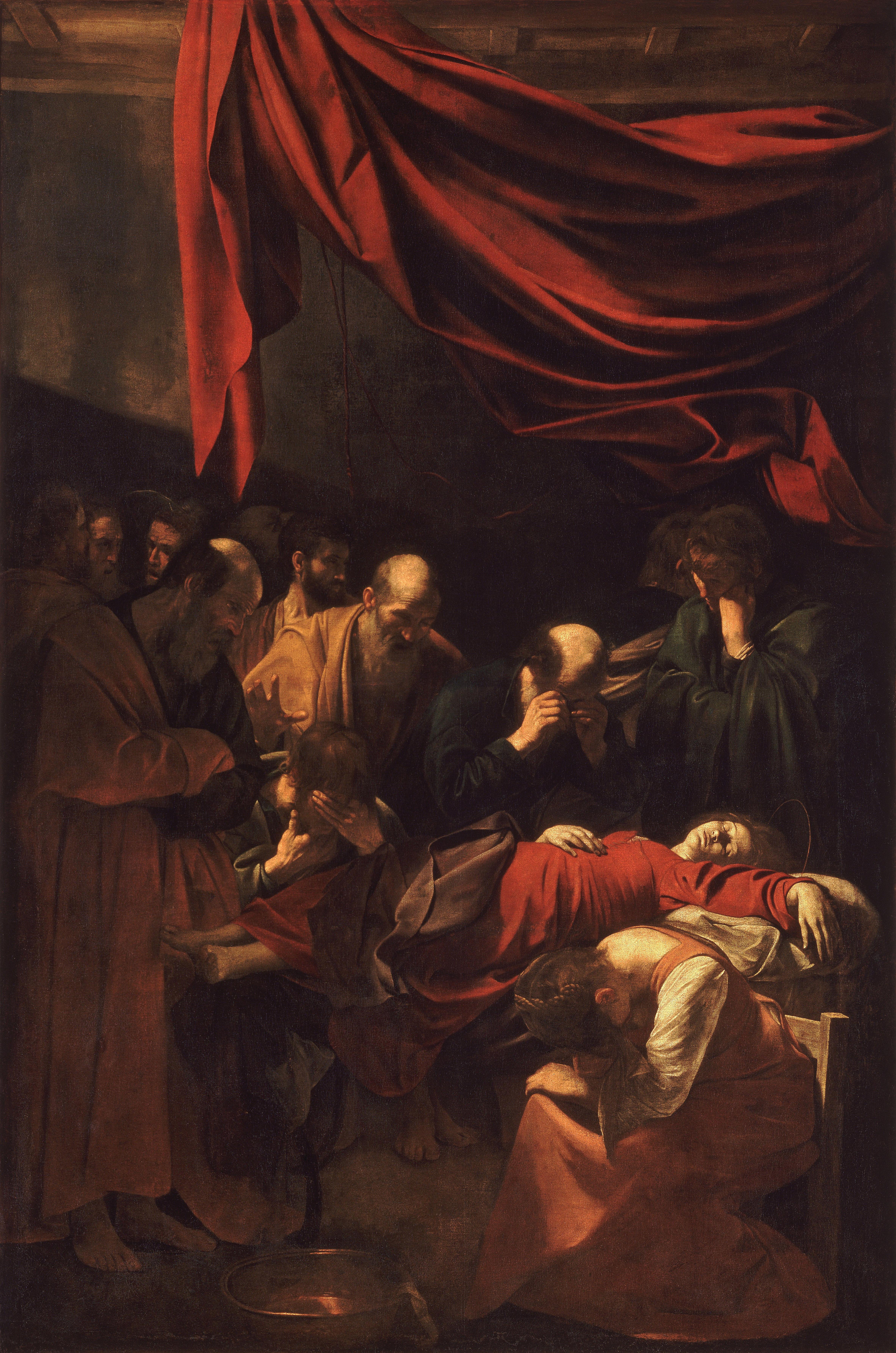 a painting of a man laying on the ground surrounded by people