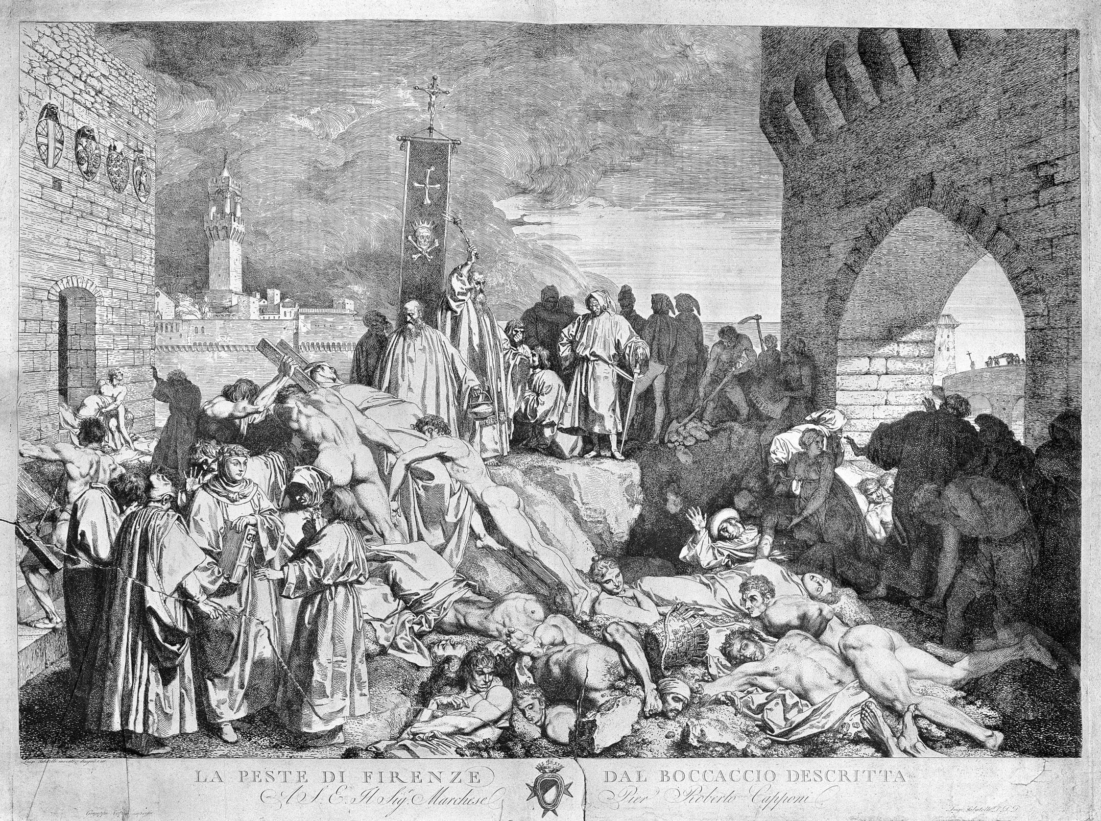 a black and white painting of a group of people carrying a cross .