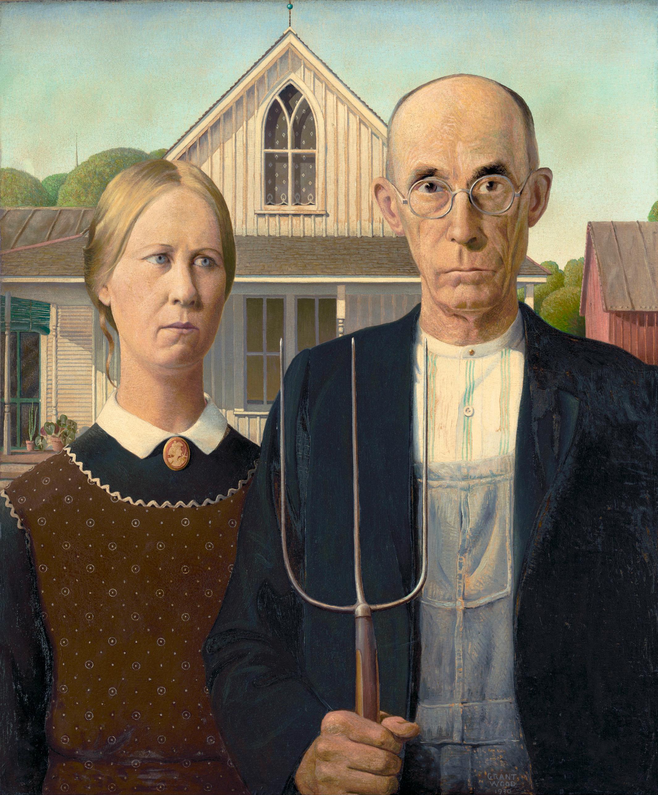 a painting of a man and woman holding a fork in front of a house