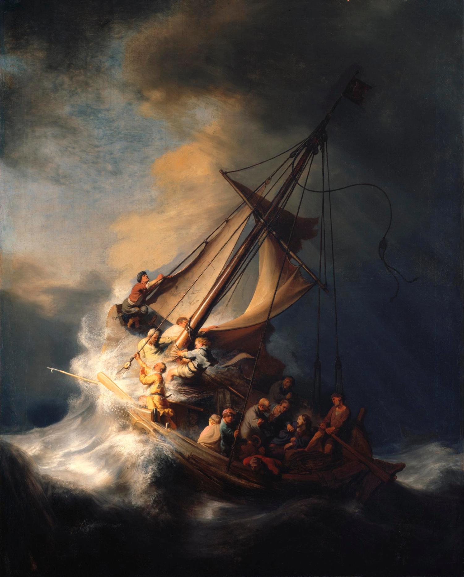 a painting of people on a boat in a storm