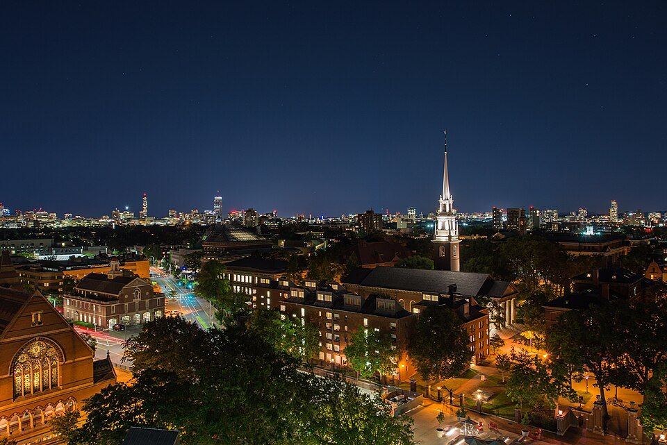 Aerial view of Harvard University at night. 