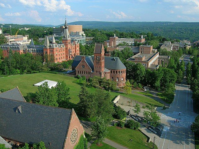 Ho Plaza on Cornell University campus as seen from McGraw Tower with Sage Hall and Barnes Hall in the background