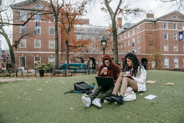 What is the admission cycle? Two students studying outdoors on college campus. 