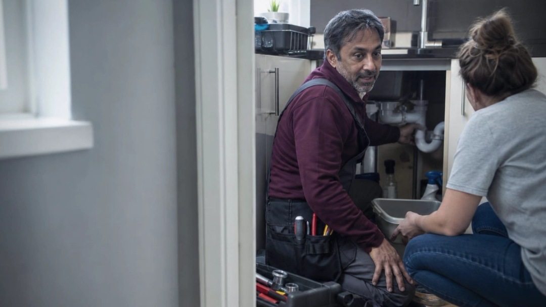 A plumber kneeling at an open under-sink cupboard turns to speak to a homeowner crouched beside him with a bowl.