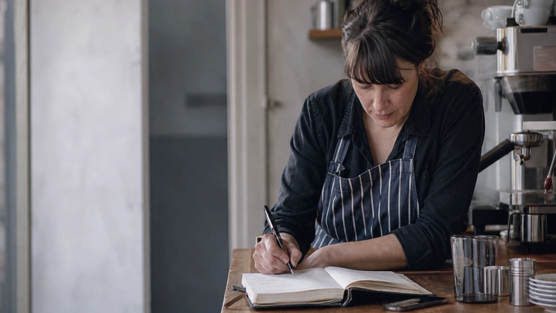 Woman in a striped apron writing in a paper diary on a wooden counter beside an espresso machine.