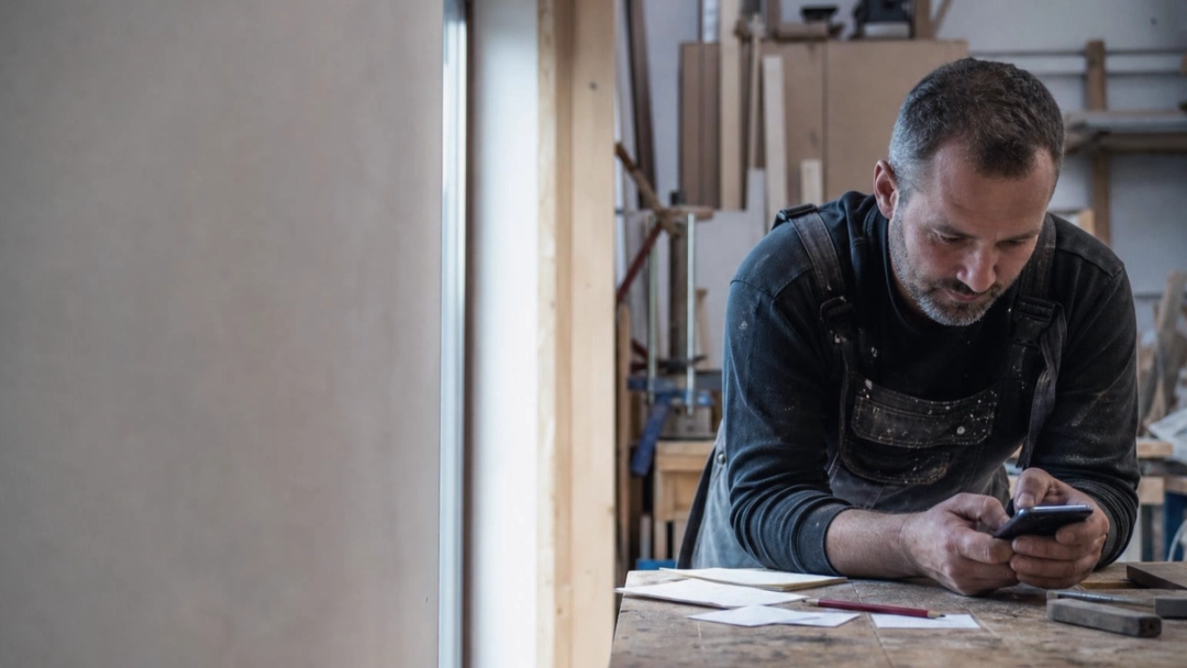 A joiner in dusty overalls leans on a workbench, tapping a phone beside blank slips and a pencil.